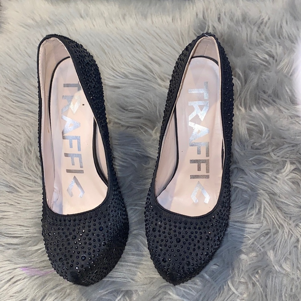 Traffic black rhinestone heels